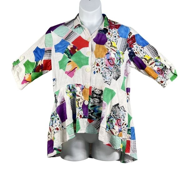 Parsley & Sage XL Bohemian Patchwork Ruffle Hi Lo Blouse Roll Tab Sleeve Artsy - Picture 3 of 16